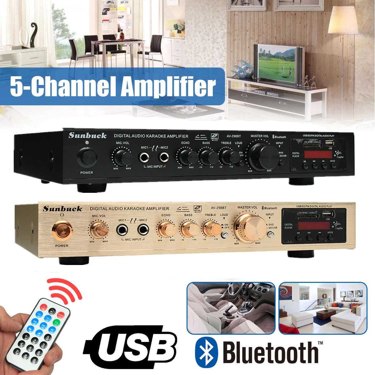 

298B Bluetooth 2.0 Channel 2000W 5 Channel Audio Power Amplifier 220V AV Amp Speaker with Remote Control Support FM USB SD Card