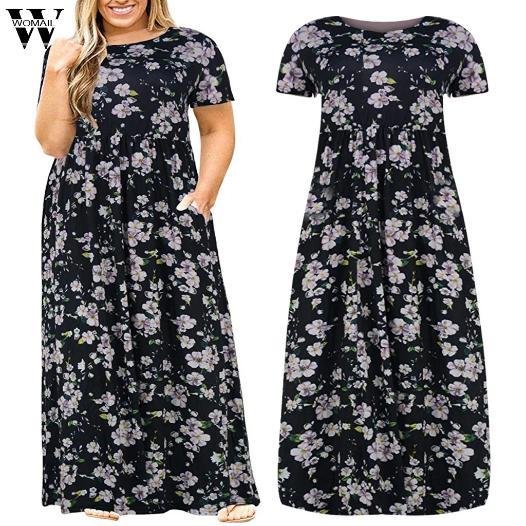 

Womail Dress Fashion NEW Women Plus Size Short Sleeve Polyester Printing O-Neck Long Dress With Pockets Dresses dropship Apr8