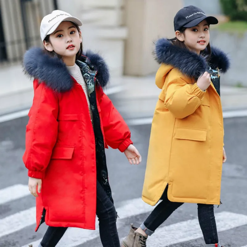 Зимние куртки для девочек, коллекция года, новая детская одежда, парка Теплая детская одежда с капюшоном и натуральным мехом для девочек верхняя одежда, пуховые пальто на утином пуху для подростков