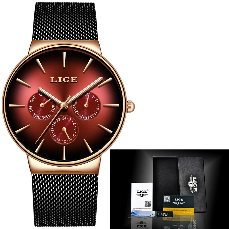 Lige New Fashion Mens Watches Top Brand Luxury Quartz Watch Men Mesh Steel Waterproof Ultra-Thin-6