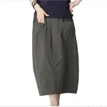 Для женщин Весна Лето Хлопок Лен эластичный пояс юбки дамы свободные Повседневное одноцветное Цвет Бутон юбки женские прямые карманы юбки