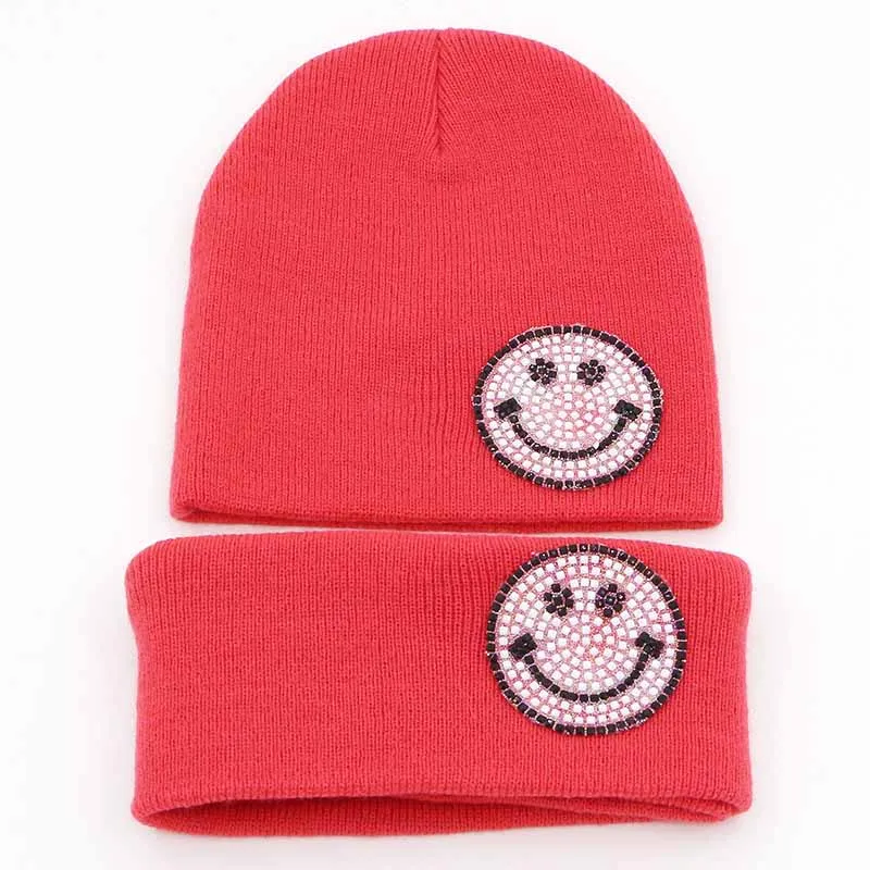 Модный детский комплект из 2 предметов: шапка и шарф, Kawaii Beanie, хлопковые детские зимние шапки для маленьких мальчиков и девочек, детские шапочки с изображением улыбки, Комплекты шарфов - Цвет: red