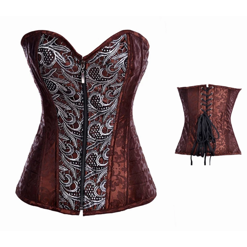 

Women Vintage Brown Lingerie Corset Satin Pattern Bustier Steel Waspie S M L XL N55