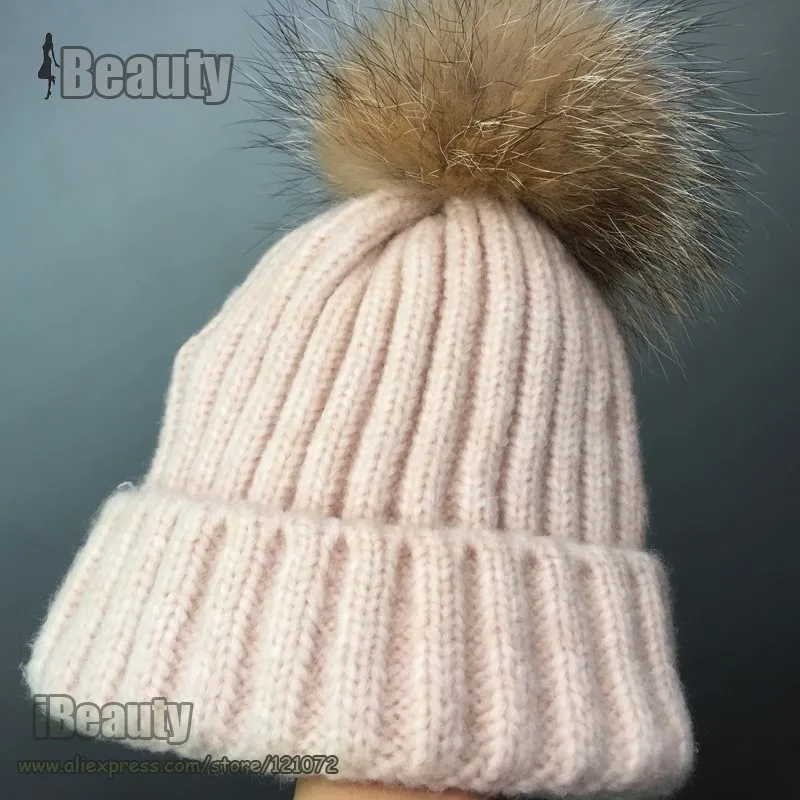 Детская зимняя шапка шар-помпон из натурального меха енота детские вязаные шапочки для детей теплая шерстяная Круглая Шапочка шапка для мальчиков и девочек