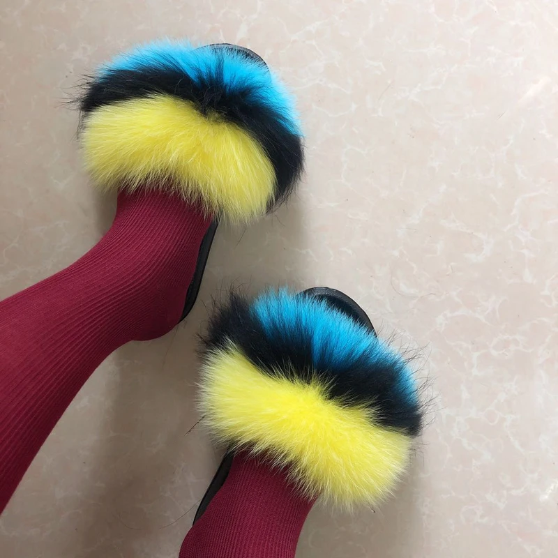 

RASS PLE 2019 New Color Real Fox Fur Slides Slippers Casual Shoes Fluffy Slippers Flip Flops Chausson Furry Shoes Women