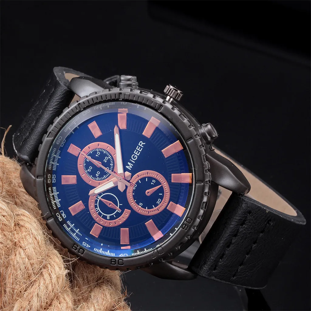 

High-End New Geneva Men's Leather Strap Stainless Steel Quartz Analog Watch
