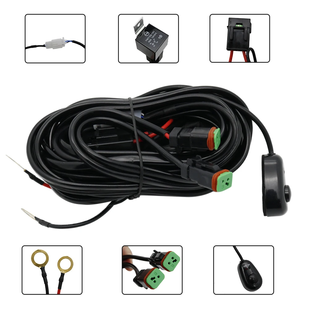 Durable Car Auto Led Work Lamp Driving Lights Wiring Harness Offroad Led Light Bar Wire Cable 12v 24v Switch Relay Kit (12)