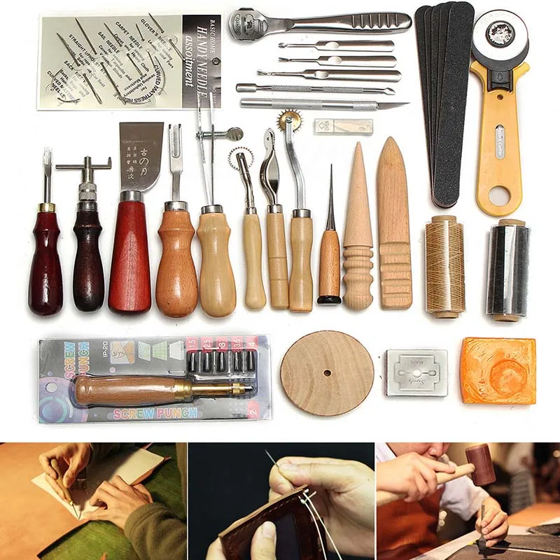 

Newly 37 Pcs Leather Craft Tools Kit Hand Sewing Stitching Punch Carving Saddle Groover XSD88