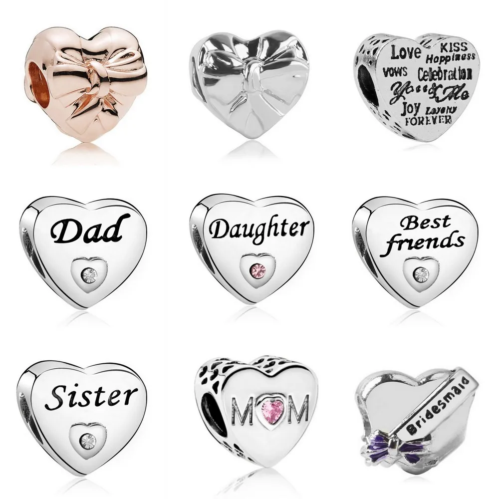 

New Arrival Heart Bridesmaid DAD DAUGHTER BEST FRIENDS Bow Beads Fit Original Pandora Charm Bracelets & Bangles DIY Jewelry