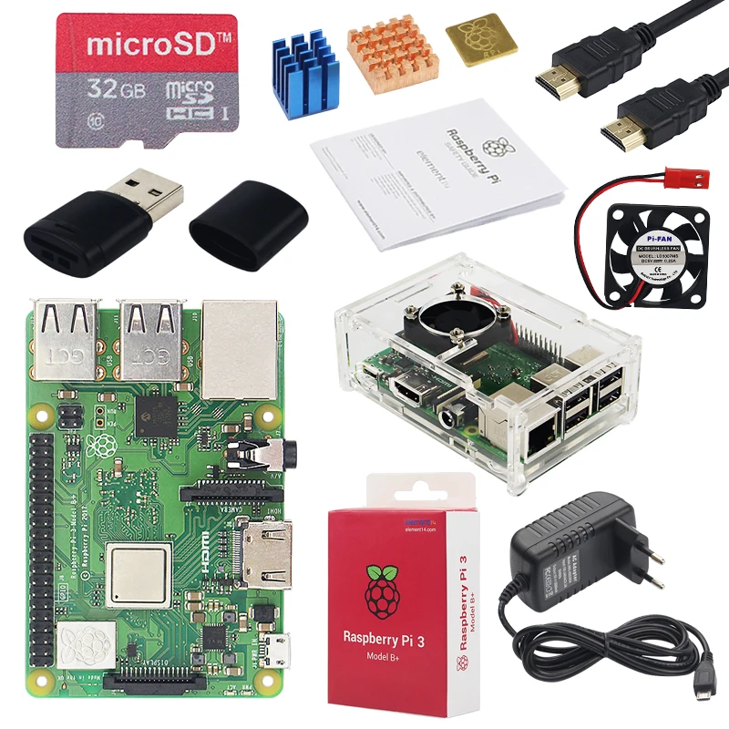 Online Original Raspberry Pi 3 Modell B + Plus UK Made Kit + 3,5 inch Touchscreen + Fall + Power + 32GB SD + HDMI + Kühlkörper + USB Kabel