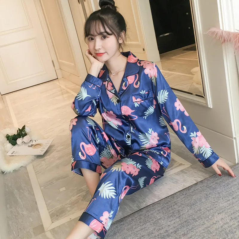 Новая женская пижама Пижама из искусственного шелка сатиновая Пижама с цветочным принтом и длинными рукавами осенне-зимняя одежда для дома синий