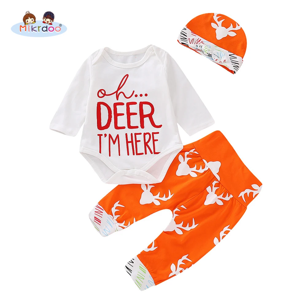 

Newborn Toddler Baby Boys Girls Christmas Clothes Set Deer and Letter Print Long Sleeve Romper Pant Hat Outfits