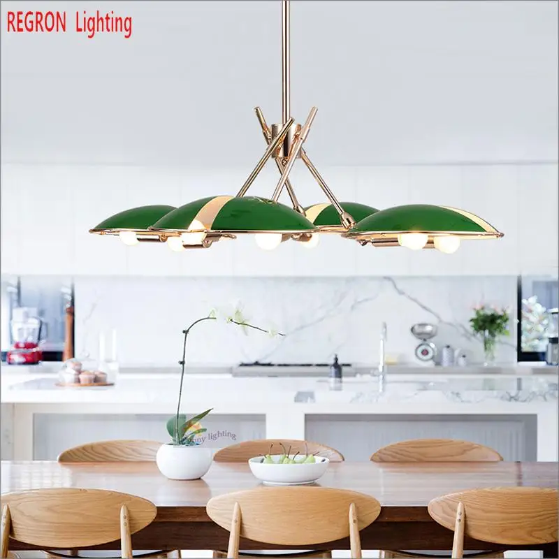 

Regron Led Chandelier Industrial Natural Gold With Green Lampshade For Dining Room Kitchen Restaurant Home Modern Lighting