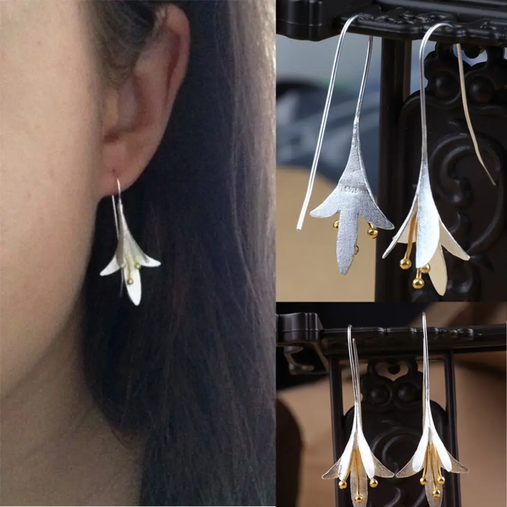

Fashion 925 Silver Long Flower Fairy Pendant Earrings Handmade Party Elegant Drop Earring Jewelry