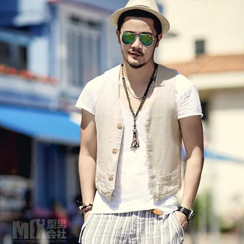 

Men Linen Vest V-neck Single Breasted Slim Fit Sleeveless Outwear Waistcoat Summer