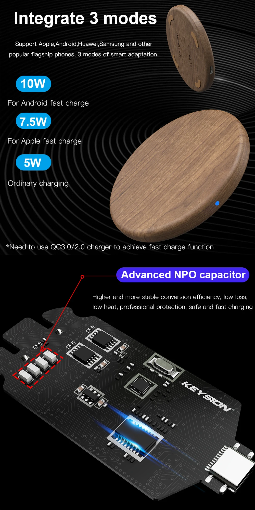 KEYSION 10W Qi Fast Wireless Charger for iPhone 11 Pro XS Max XR 8 Plus Wooden Wireless Charging Pad for Samsung S10 S9 S8 S7