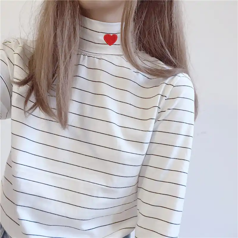 Harajuku Fashion Cotton High Collar Women T Shirt Cute Love Embroidered Long Sleeve Women Tops Sweet Cute Striped Girls T Shirt T Shirts Aliexpress
