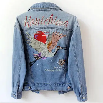 

2020 Autumn Women Denim Jackets Female Crane Embroidery Jackets Coats Casual slim turn down collar jeans coat