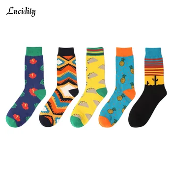 

3pairs/lot =6pieces Fashion High Hosiery Men Socks Happy British Style Cherry Crew Sock Man Funny Art Cotton Soft Socks For Male