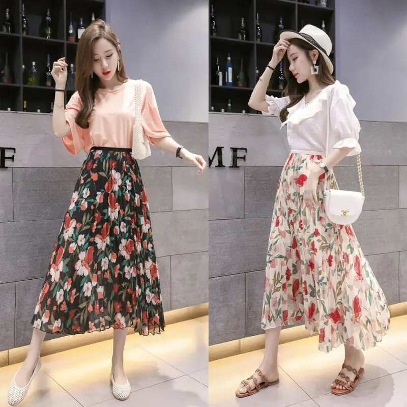 Women's Summer Boho Floral Long Maxi Skirts Chiffon Evening Party Beach Skirt Femme High Waist Pleated Skirts Womens