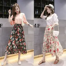 Women's Summer Boho Floral Long Maxi Skirts Chiffon Evening Party Beach Skirt Femme High Waist Pleated Skirts Womens