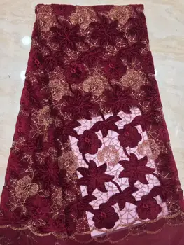

(5yards/pc) 2019 newest African double organza lace fabric in deep wine red with gold line 3d flowers embroidery for party dress