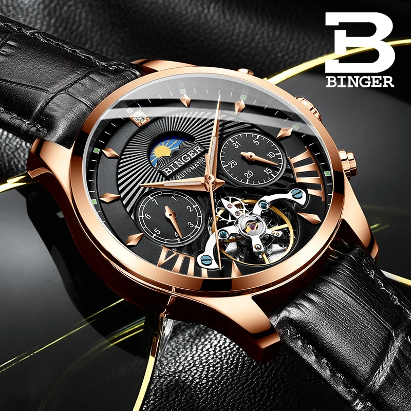 Мужские механические часы BINGER Skeleton Tourbillon Автоматические классические кожаные