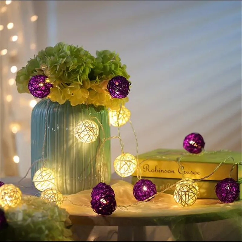 

LED Battery String Lights 3M 20pcs White Purple Handmade Rattan Balls String Lights Fairy Party Wedding Patio Christmas Decor