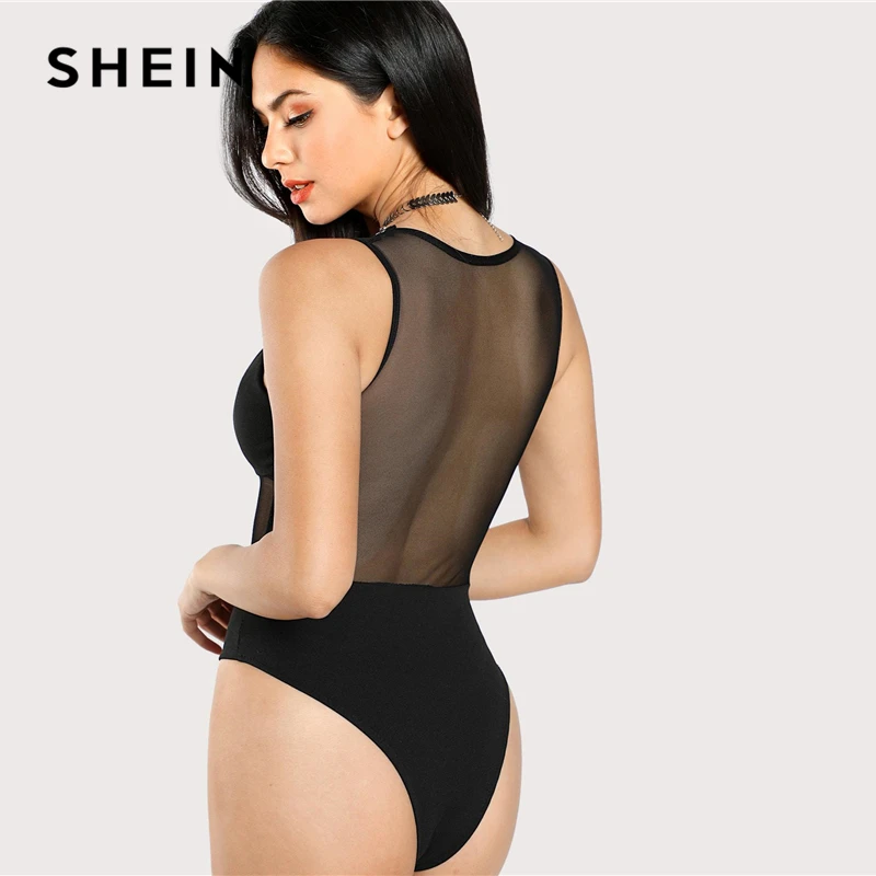 SHEIN Боди С Прозрачными Вставками Сексуальное Без Рукавов Глубоким Вырезом