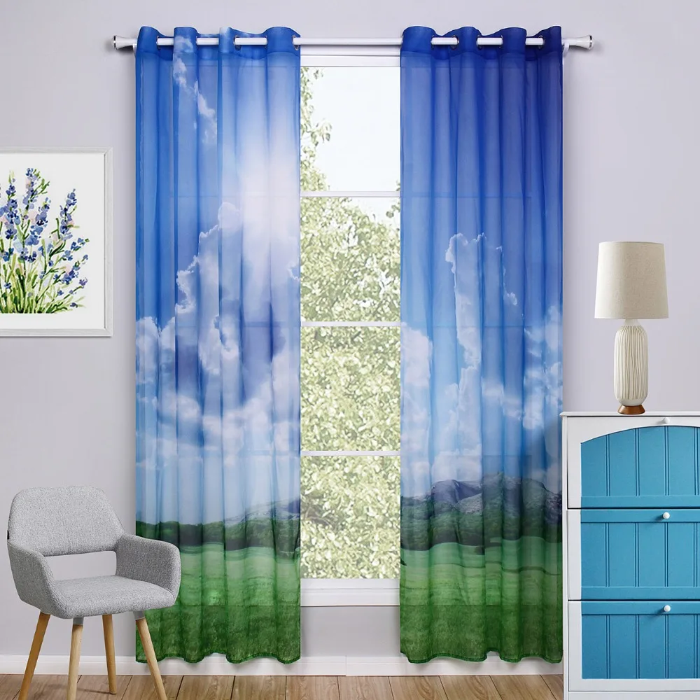 Blue Window Curtain Living Room Printed Colorful Kids Curtains for The