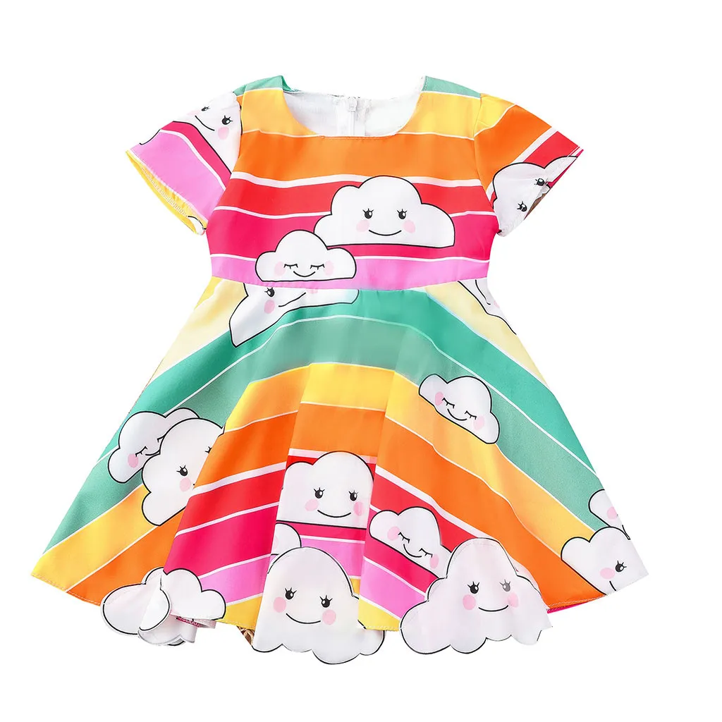 

LONSANT Baby Girl Dress Newborn Cloud Rainbow Print short sleeve Dress cute Girls colorful striped dress Baby summer clothes