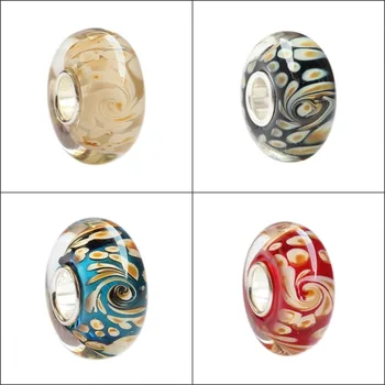 

925 Sterling Silver Large Hole Colorful 3D Flowers Stripe Murano Glass Charm Beads Fit European Bracelet Jewelry