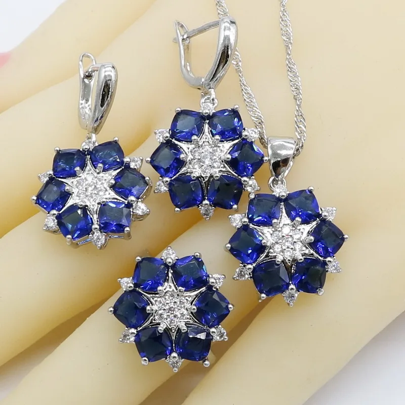 Королевский синий полудрагоценный 925 пробы Серебряные Ювелирные наборы для женщин браслет серьги кольца ожерелье кулон подарок на день рождения