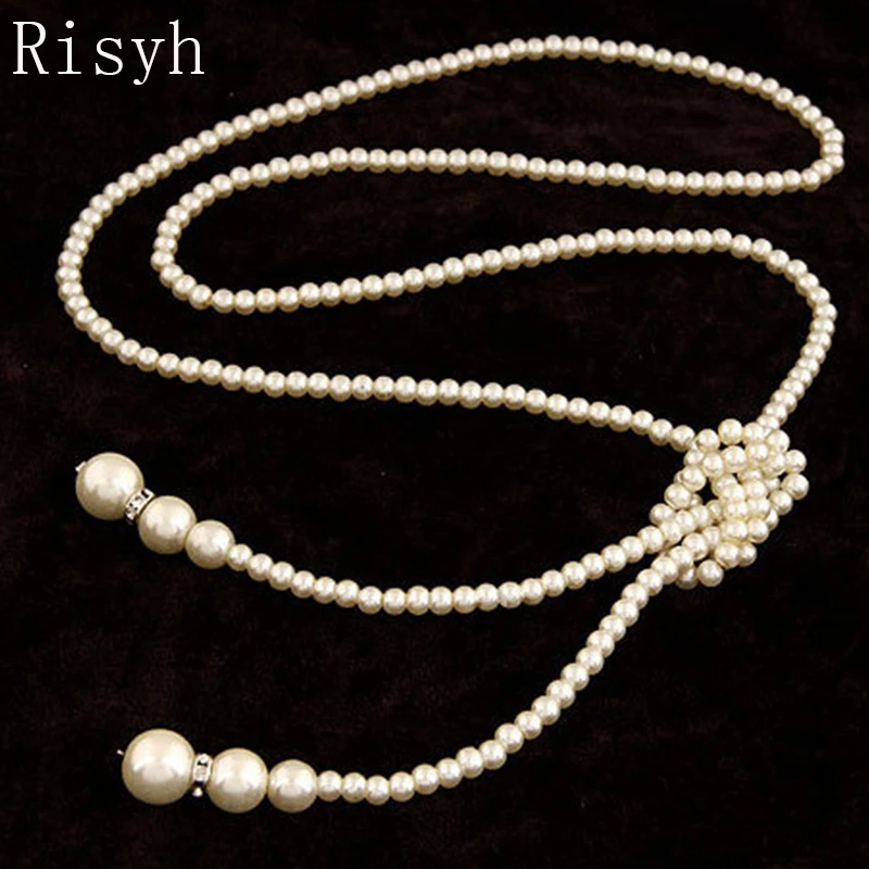 

Risyh Imitation pearl simple temperament long necklace European and American style pearl single double layer sweater chain