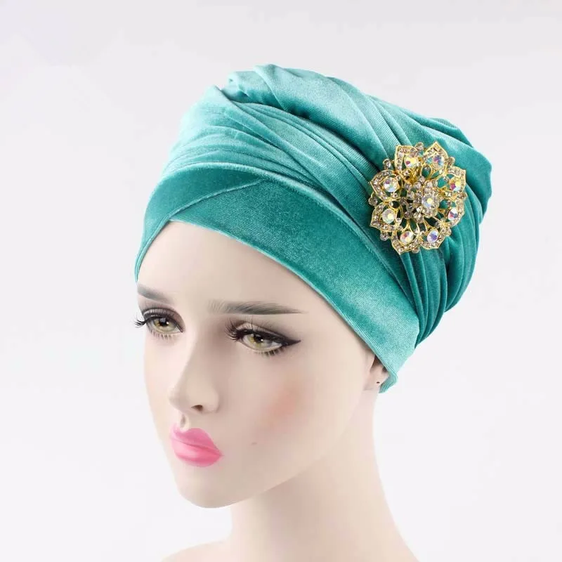 Модные женские роскошные бархатные мусульманские исламские Тюрбан Хиджаб Экстра длинные банданы выпадение волос платок с брошью