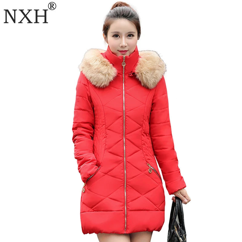 

NXH 2018 New Fashion winter jacket women down cotton jacket long sleeve Slim fack fur collar hooded winter coat parka Plus Size
