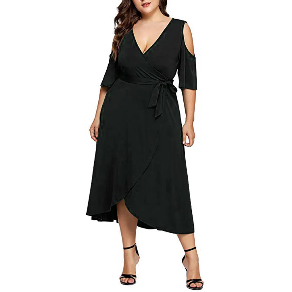 

Plus Size V-Neck Dress Summer Women Sleeve Solid Off Shoulder Party Dress party night Elegant Dresses Drop Shipping