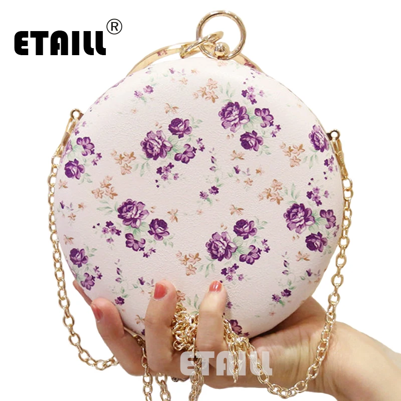 

ETAILL Circular Floral Print Evening Bag Women's Luxury Round Wedding Party Clutches Brides Metal Ring Handbag Chain Purse