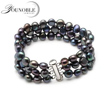 

Real Beautiful freshwater 3 rows pearl bracelet for women,girls birthday gift trendy black bracelet 925 silver jewelry