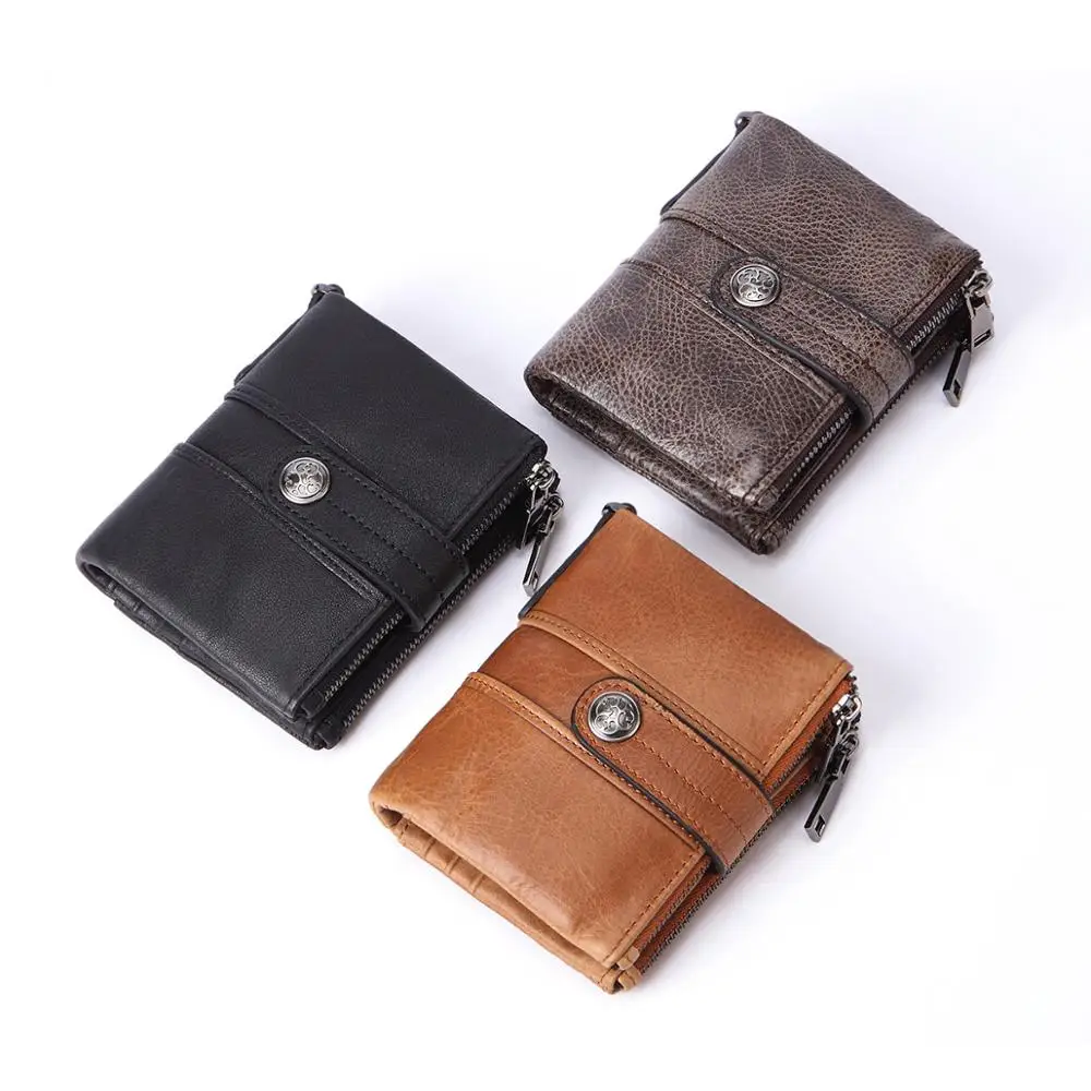 GENODERN Double Zipper Men Wallet of Hasp Design Genuine Leather Short Wallet for Men with Coin Pocket New Male Purse