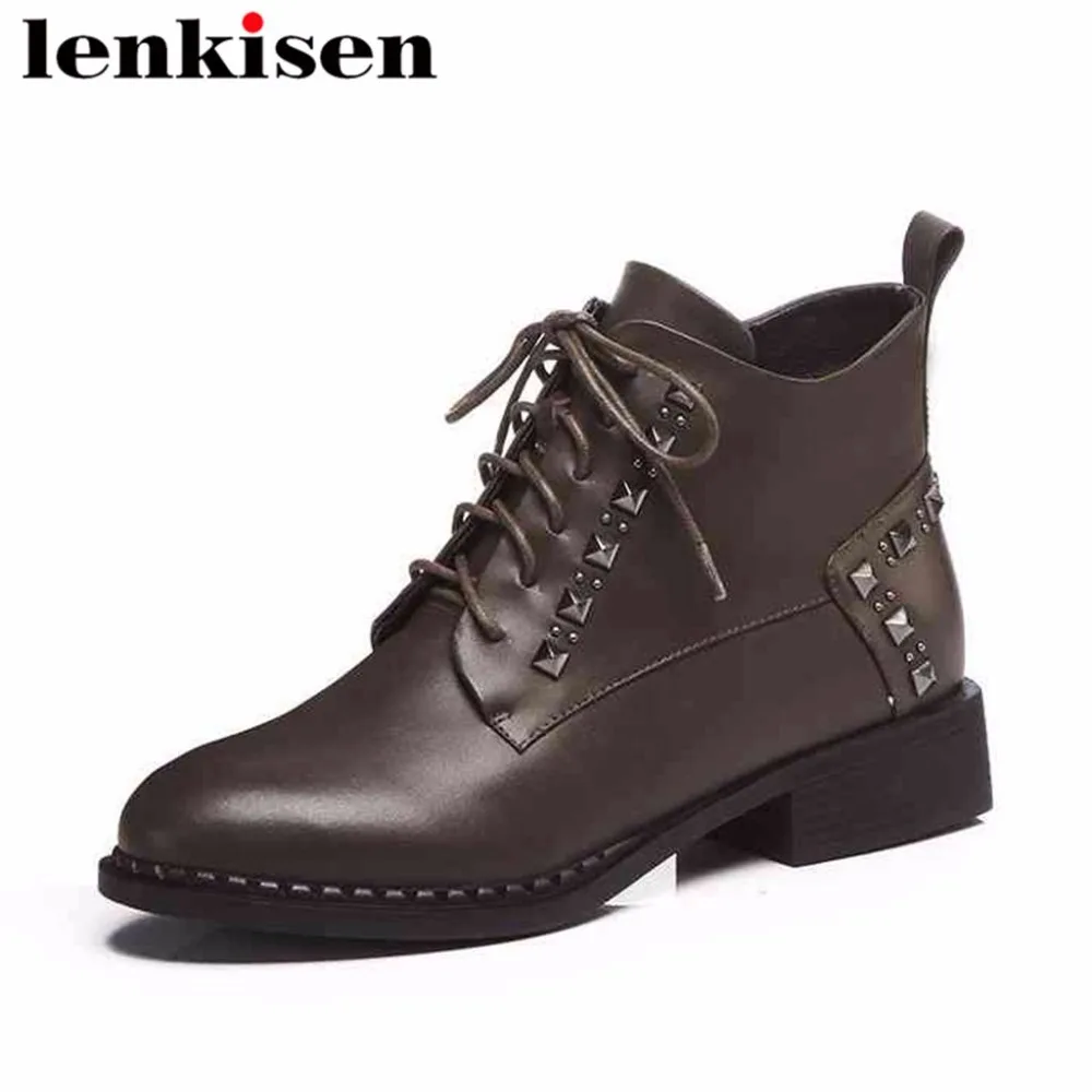 

Lenkisen new arrival metal rivets british style pointed toe ankle boots low heels genuine leather woman chelsea boots design L01