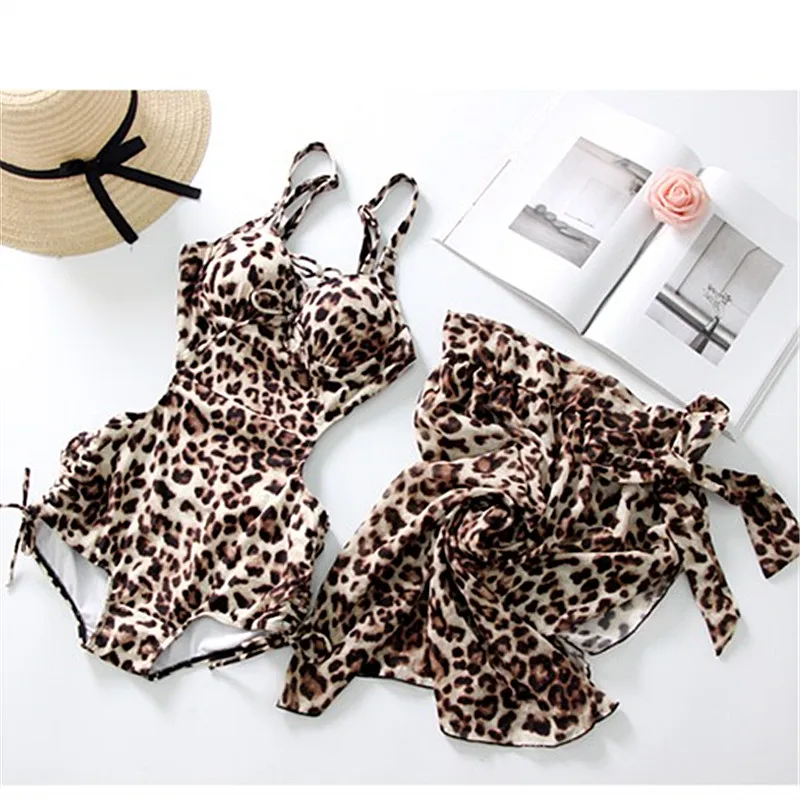 Retro Leopard halter bikinis one piece swimsuit+ beach cover ups set 2019 New sexy women swimwear bathing suit &cover up Fashion Retro Leopard halter bikinis one piece swimsuit+ beach cover ups set 2019 New sexy women swimwear bathing suit &cover up Fashion