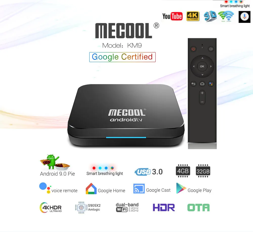 

Mecool KM9 PRO Android 9.0 TV Box 4GB 32GB Voice Control smart tv box Amlogic S905X2 4K 2.4G/5G Dual Wifi BT4.0 Media Player