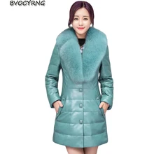 Высокое копия воротники из лисицы длинное кожаное пальто для женщин плюс размер осень зима теплая хлопковая верхняя одежда высокого класса тонкий pu кожаный пальто AA