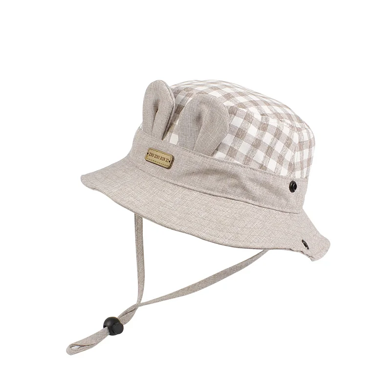 Plaid Baby Hat For Girls Wide Brim Kids Sun Cap Rabbit Ears Cotton Hat Lace Up Cowboy Children Cap Autumn Baby Girls Clothing  (14)