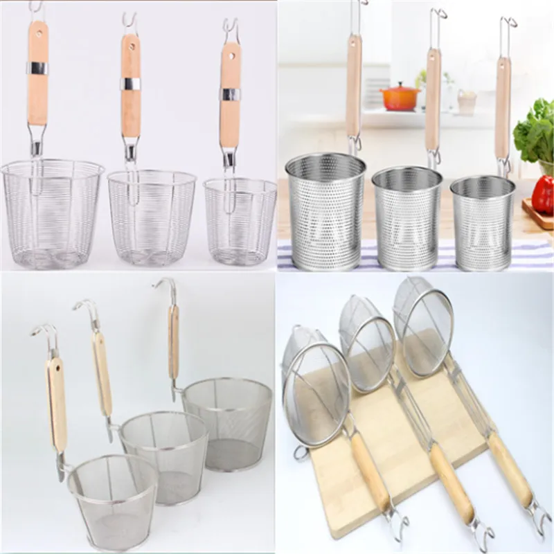 

3pcs set Fry with Handle Basket Stainless steel Wire Mesh Noodle Strainer Round chips Strainers Woven Wire Mesh Fries Basket