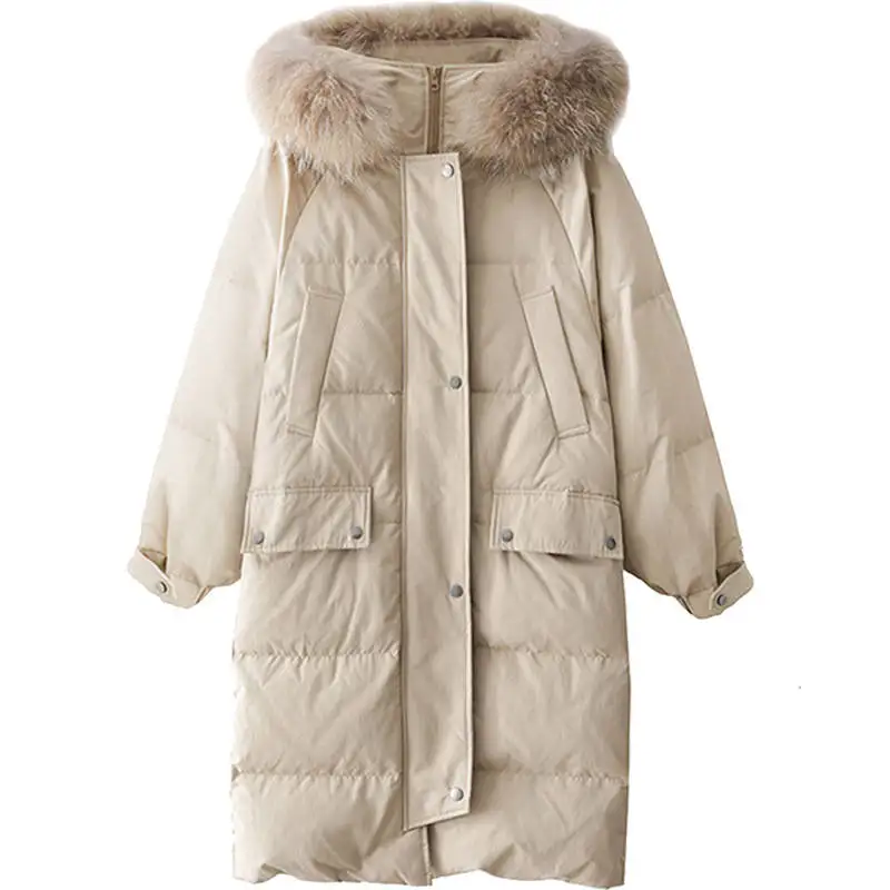 Утепленная зимняя куртка для женщин с капюшоном и меховым воротником Длинные