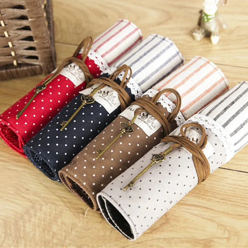 

Free Shipping Cartoon multifunctional canvas roll pencil case brief stationery bags pencil bags