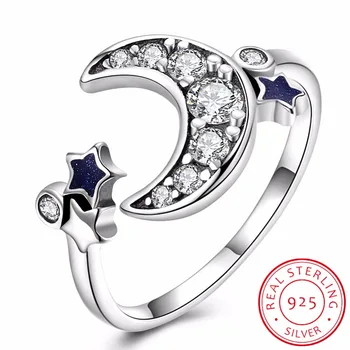 

INALIS 925 Sterling Silver Crescent Moon & Star Dazzling CZ Open Finger Ring for Women Wedding Engagement Jewelry Gift