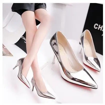 

Women Pumps Pointed Toe Women High Heels 7-10CM Shoes Silver Patent Leather Women Wedding Shoes Nightclub Ladies Shoes zapatos